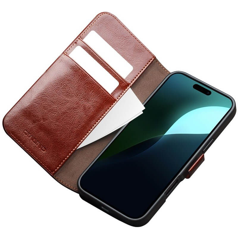 Кожен Калъф за iPhone 16, Qialino Book Case, Кафяв (4)