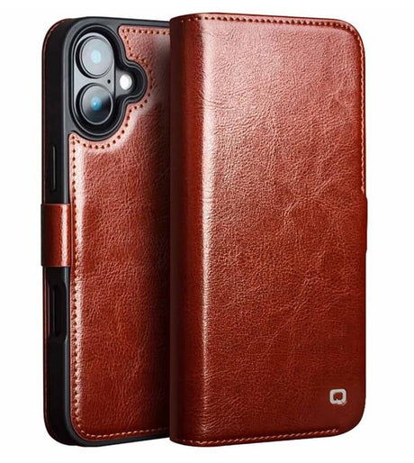 Кожен Калъф за iPhone 16, Qialino Book Case, Кафяв