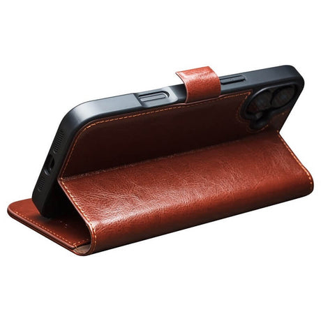 Кожен Калъф за iPhone 16, Qialino Book Case, Кафяв (5)