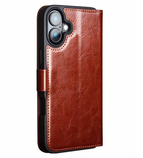 Кожен Калъф за iPhone 16, Qialino Book Case, Кафяв (3)