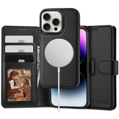 Magsafe Кожен Калъф с Джобове за iPhone 16 Pro, Tech-Protect Wallet Book Case, Черен