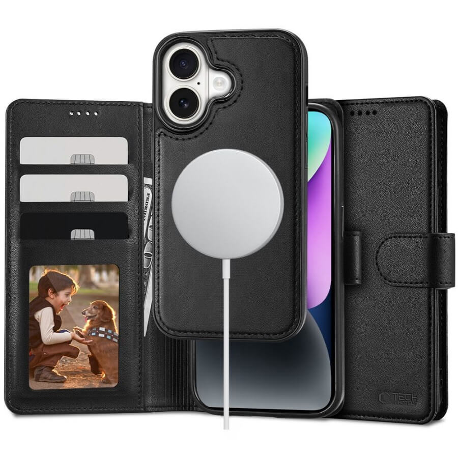 Magsafe Кожен Калъф с Джобове за iPhone 16, Tech-Protect Wallet Book Case, Черен