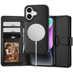 Magsafe Кожен Калъф с Джобове за iPhone 16, Tech-Protect Wallet Book Case, Черен
