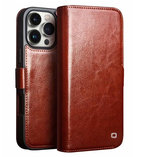 Кожен Калъф за iPhone 16 Pro, Qialino Book Case, Кафяв