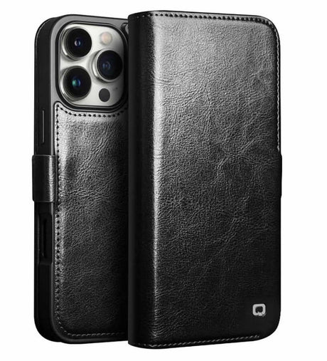 Кожен Калъф за iPhone 16 Pro Max, Qialino Book Case, Черен