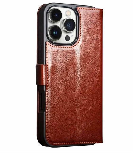 Кожен Калъф за iPhone 16 Pro, Qialino Book Case, Кафяв (3)