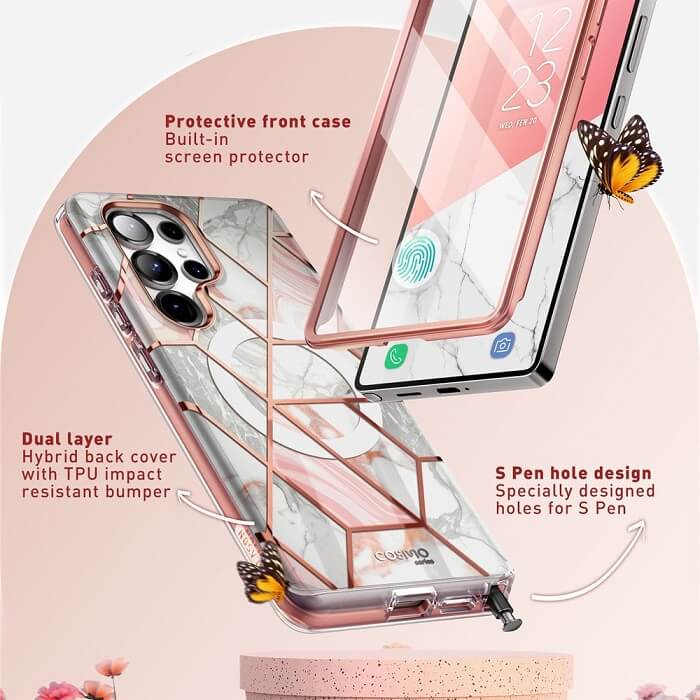 Magsafe Дамски Калъф за Samsung S25 Ultra, Supcase Iblsn Cosmo Marble, Розов (4)