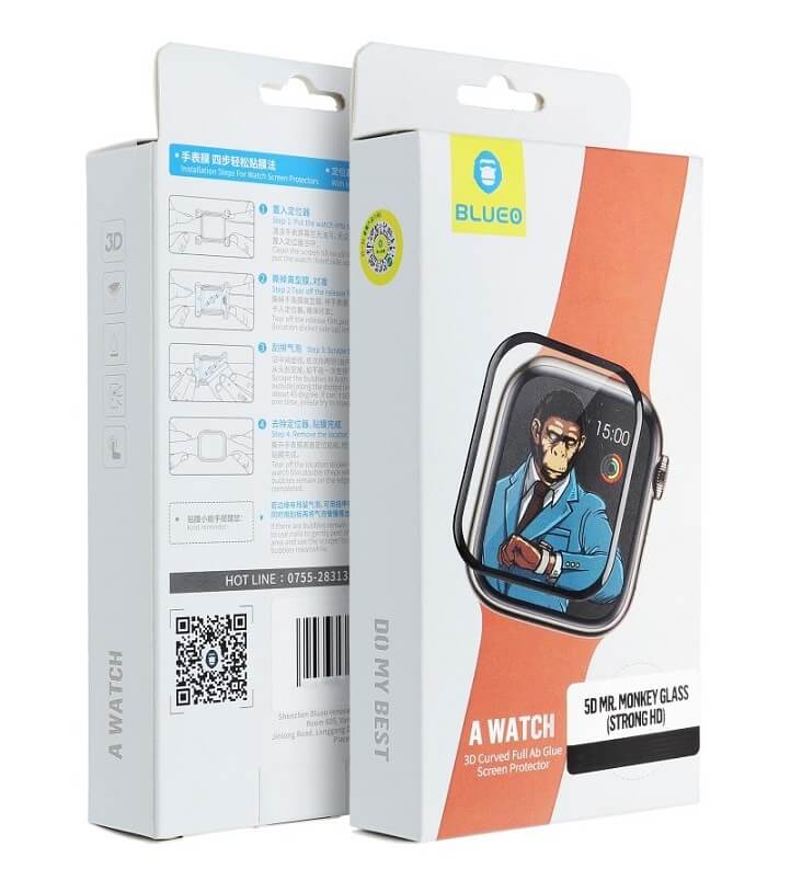 Стъклен Протектор за Apple Watch SE / SE 2 44mm, Blueo HD 5D Glass, Черен
