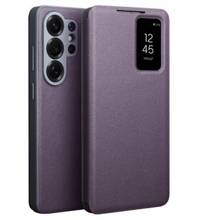 Активен Кожен Калъф за Samsung S26 Ultra, Qialino Smart View Book Case, Лилав