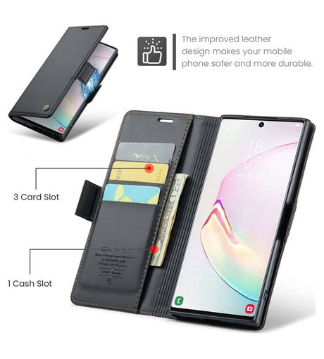 Кожен Калъф за Samsung Note 10 Plus, RFID Blocking Book Case, Черен (9)