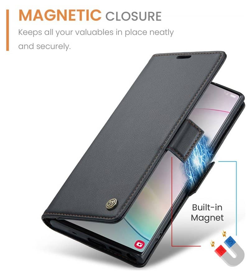 Кожен Калъф за Samsung Note 10 Plus, RFID Blocking Book Case, Черен (10)