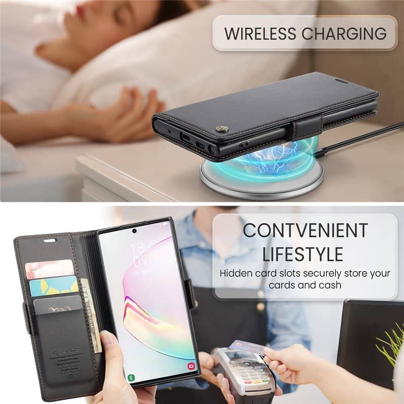 Кожен Калъф за Samsung Note 10 Plus, RFID Blocking Book Case, Черен (7)