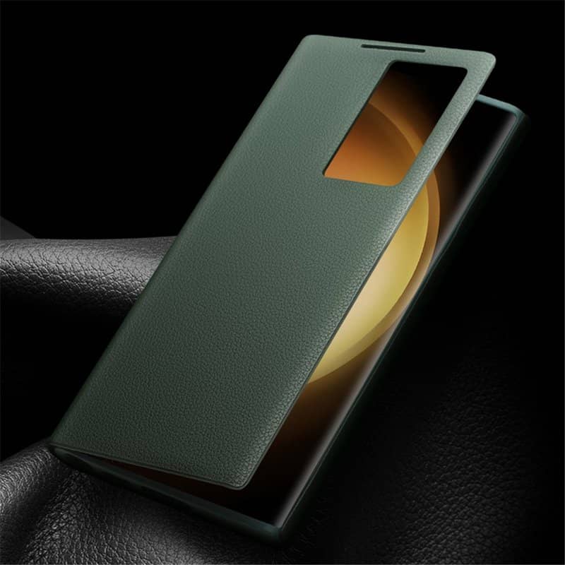 Активен Кожен Калъф за Samsung S23 Ultra, Qialino Smart View Book Case, Черен (3)