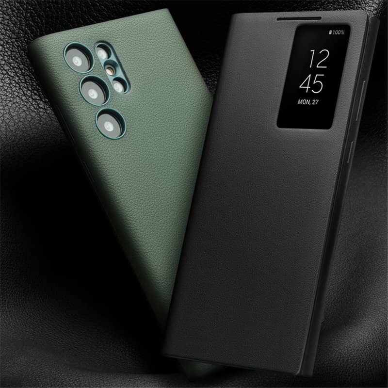 Активен Кожен Калъф за Samsung S23 Ultra, Qialino Smart View Book Case, Зелен (4)
