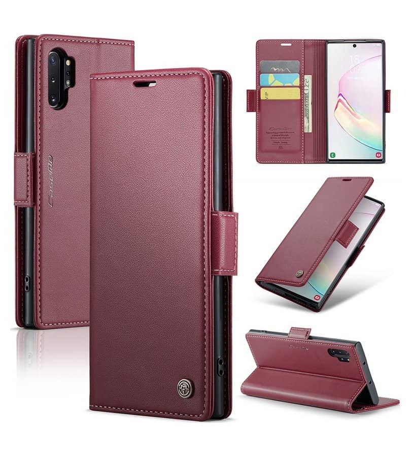 Кожен Калъф за Samsung Note 10 Plus, RFID Blocking Book Case, Червен (5)