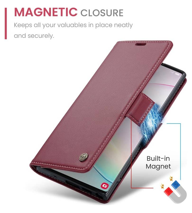 Кожен Калъф за Samsung Note 10 Plus, RFID Blocking Book Case, Червен (11)