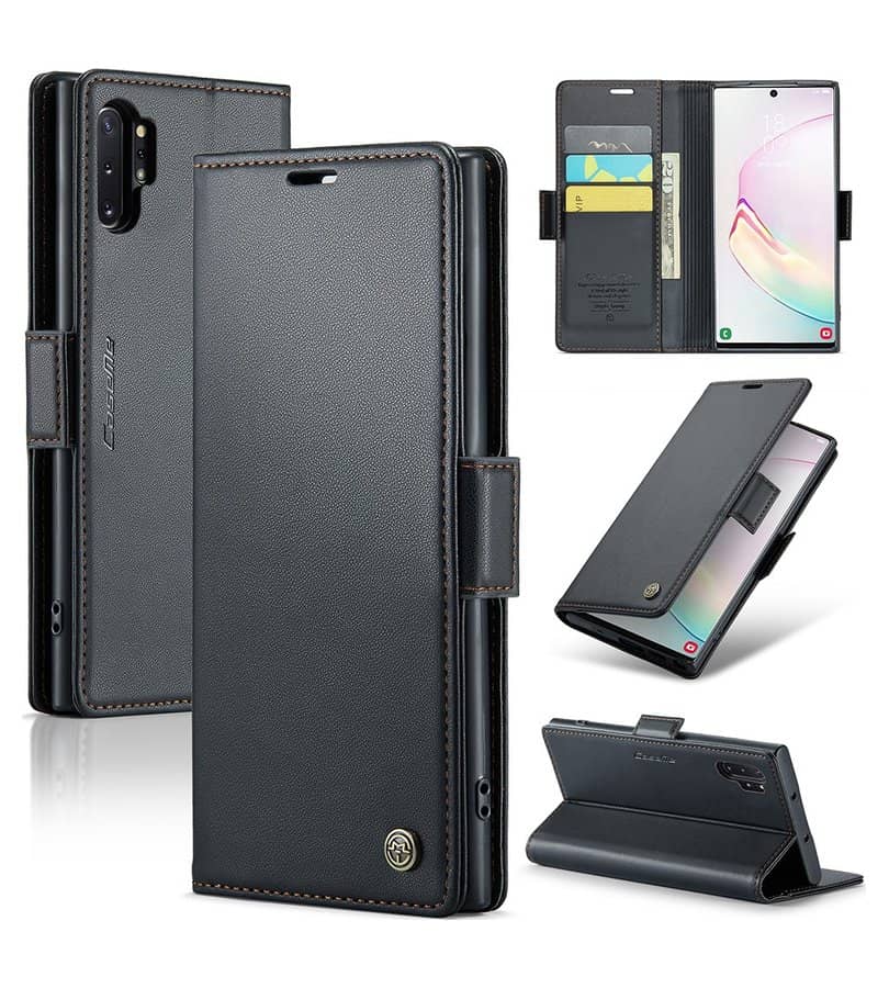 Кожен Калъф за Samsung Note 10 Plus, RFID Blocking Book Case, Черен (11)