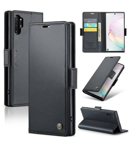 Кожен Калъф за Samsung Note 10 Plus, RFID Blocking Book Case, Черен (11)