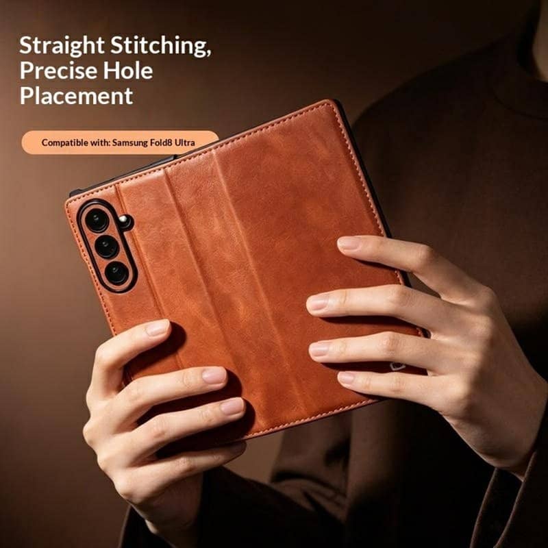 Кожен Калъф за Samsung Z Fold 8 Ultra, Qialino Leather Book Case, Светло Кафяв (12)