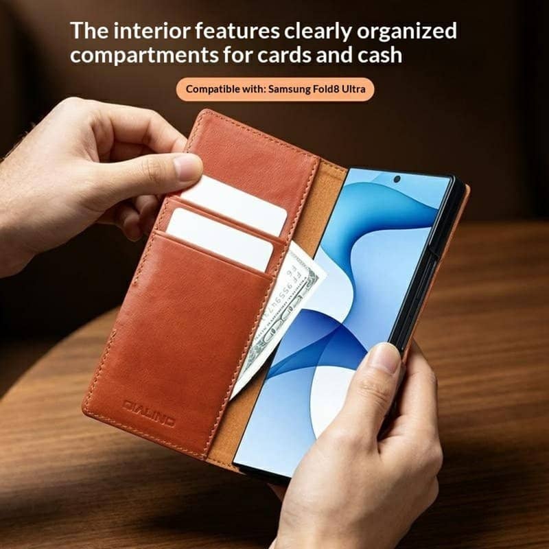 Кожен Калъф за Samsung Z Fold 8 Ultra, Qialino Leather Book Case, Светло Кафяв (11)
