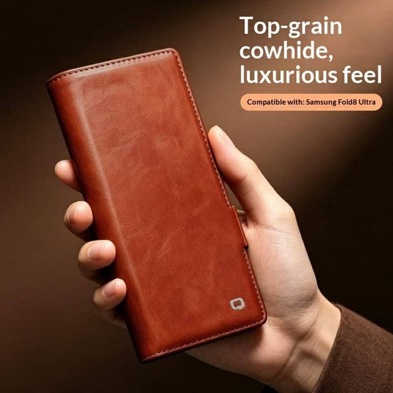 Кожен Калъф за Samsung Z Fold 8 Ultra, Qialino Leather Book Case, Светло Кафяв (8)