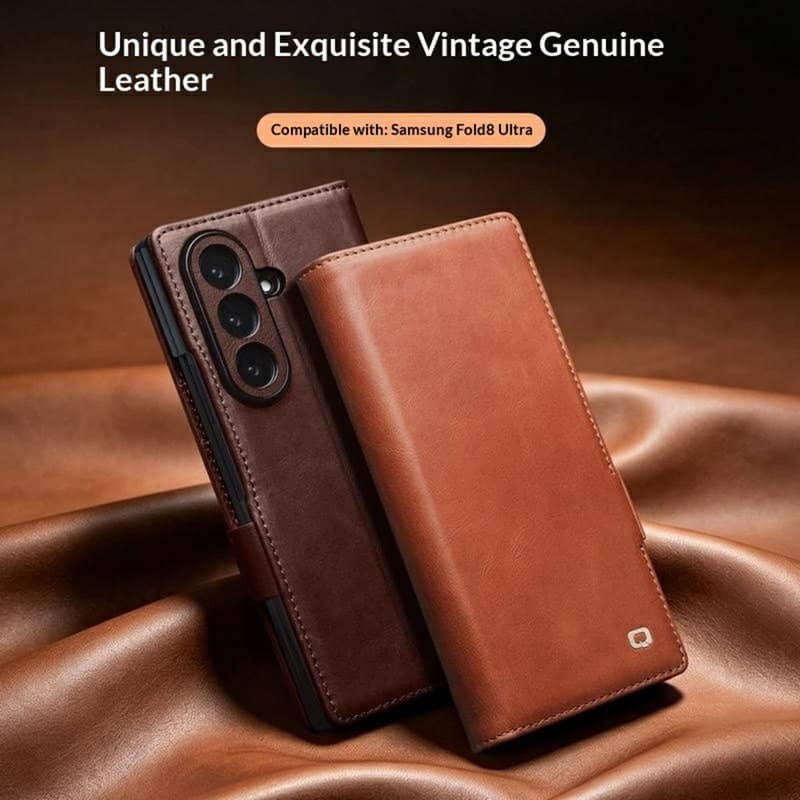 Кожен Калъф за Samsung Z Fold 8 Ultra, Qialino Leather Book Case, Светло Кафяв (7)