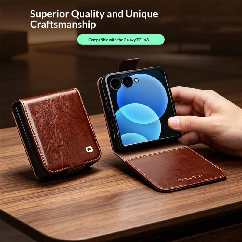 Кожен Калъф за Samsung Z Flip 8, Qialino Leather Book Case, Кафяв (7)