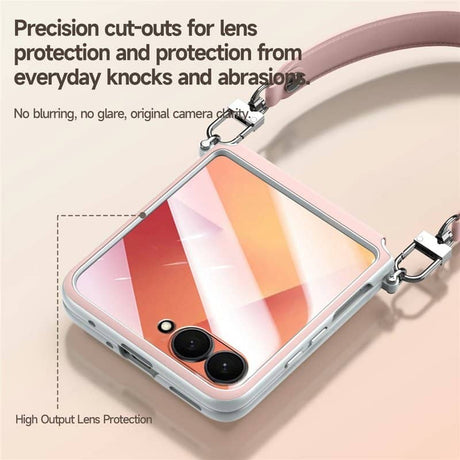 Луксозен Калъф с Каишка за Samsung Z Flip 7, Sulada Leather Case, Розов (14)