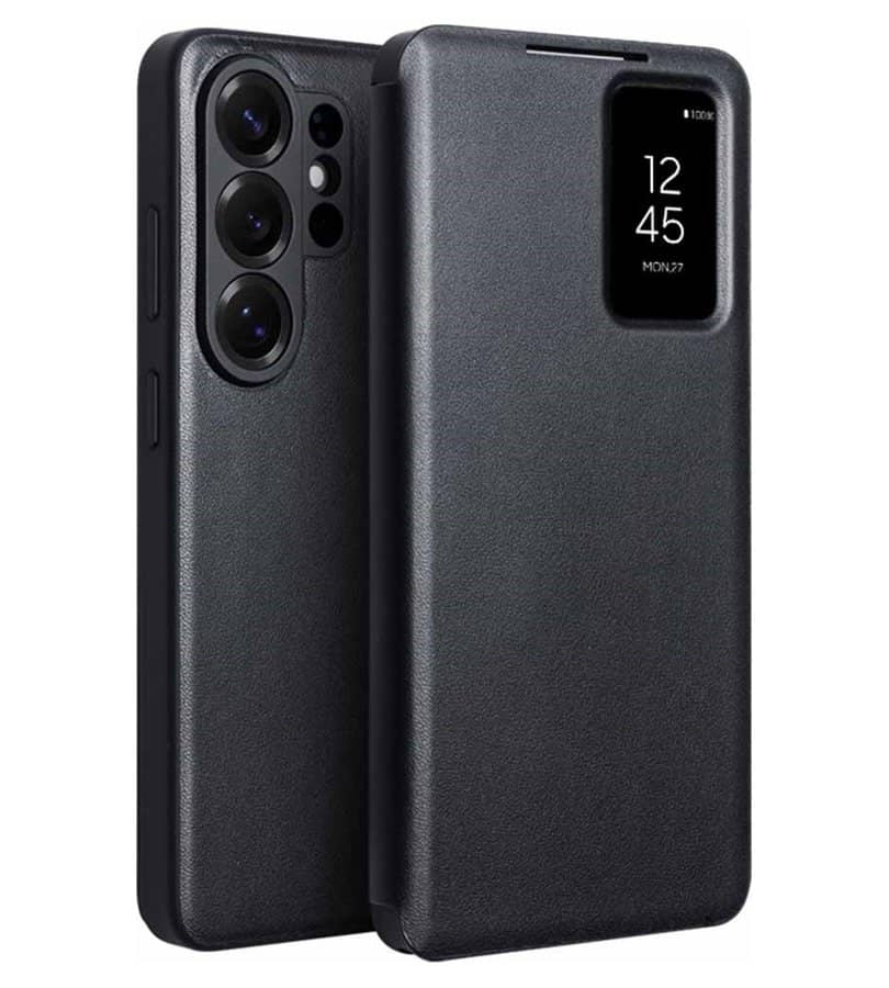 Активен Кожен Калъф за Samsung S26 Ultra, Qialino Smart View Book Case, Черен