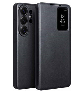Активен Кожен Калъф за Samsung S26 Ultra, Qialino Smart View Book Case, Черен