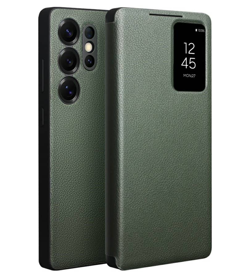 Активен Кожен Калъф за Samsung S25 Ultra, Qialino Smart View Book Case, Зелен (10)