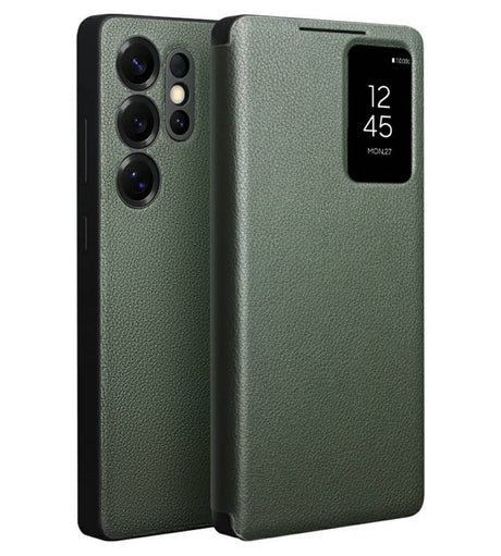 Активен Кожен Калъф за Samsung S25 Ultra, Qialino Smart View Book Case, Зелен (10)