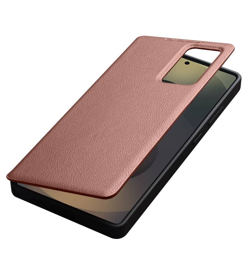 Активен Кожен Калъф за Samsung S25 Ultra, Qialino Smart View Book Case, Кафяв (8)
