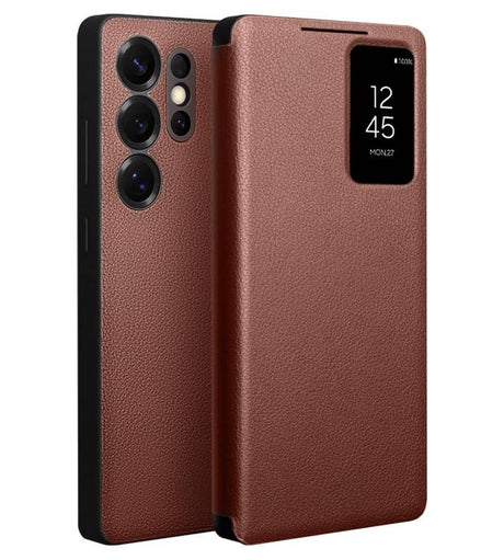 Активен Кожен Калъф за Samsung S25 Ultra, Qialino Smart View Book Case, Кафяв (6)