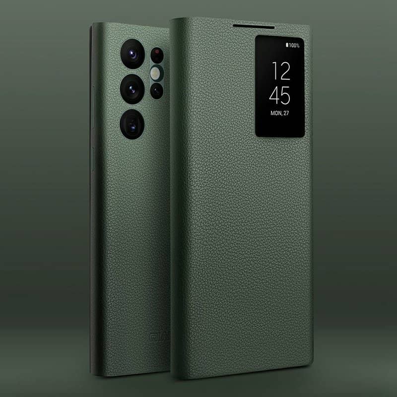 Активен Кожен Калъф за Samsung S22 Ultra, Qialino Smart View Book Case, Зелен (2)