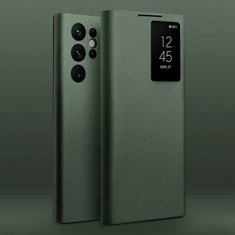 Активен Кожен Калъф за Samsung S22 Ultra, Qialino Smart View Book Case, Зелен (2)