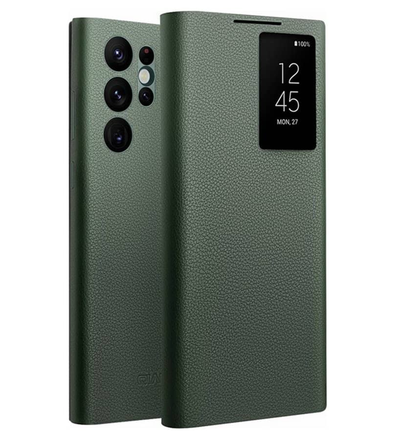 Активен Кожен Калъф за Samsung S22 Ultra, Qialino Smart View Book Case, Зелен