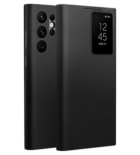 Активен Кожен Калъф за Samsung S22 Ultra, Qialino Smart View Book Case, Черен