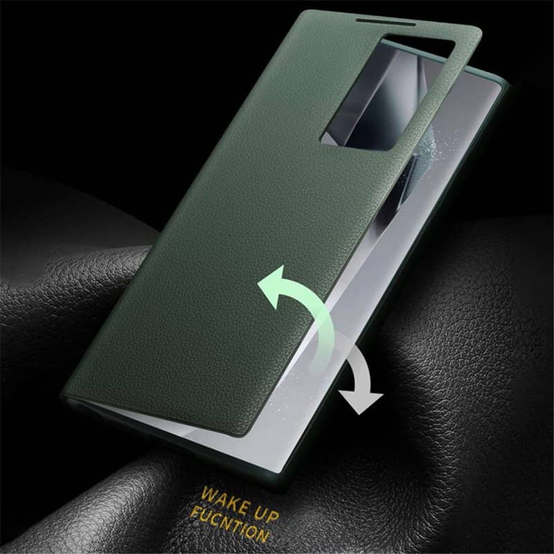 Активен Кожен Калъф за Samsung S24 Ultra, Qialino Smart View Book Case, Зелен (5)