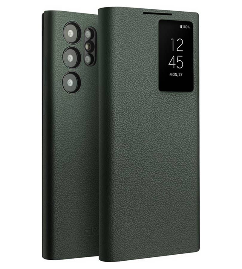 Активен Кожен Калъф за Samsung S24 Ultra, Qialino Smart View Book Case, Зелен