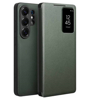 Активен Кожен Калъф за Samsung S26 Ultra, Qialino Smart View Book Case, Зелен