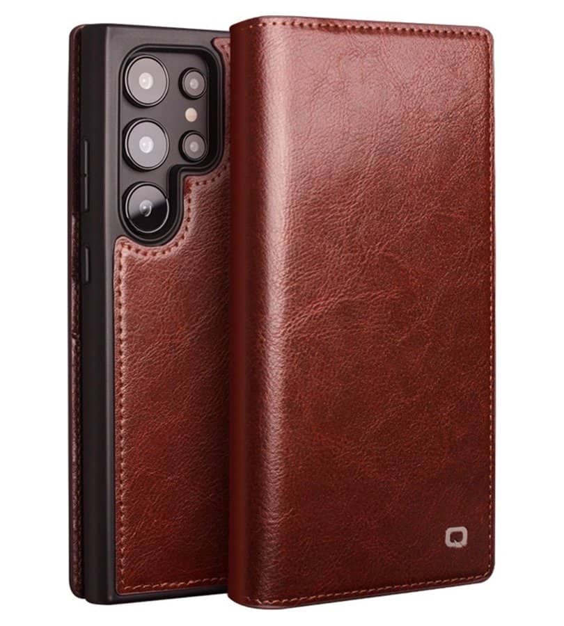 Кожен Калъф за Samsung S25 Ultra, Qialino Book Case, Кафяв (8)