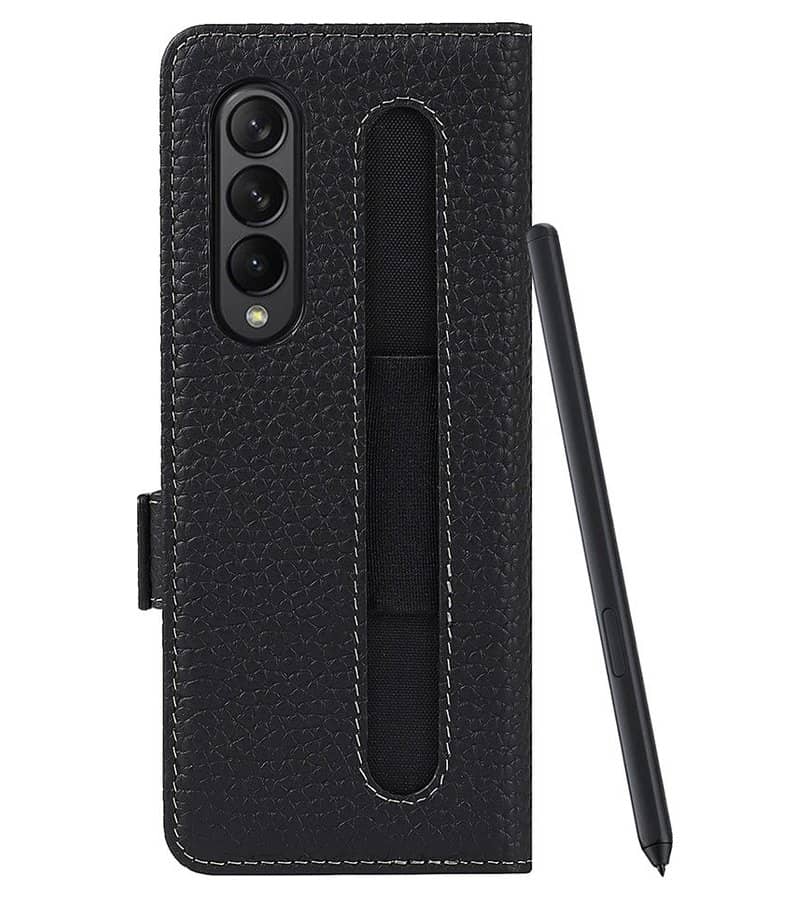 Кожен Калъф с S-Pen Поставка за Samsung Z Fold 3, GKK Leather Case, Черен (14)