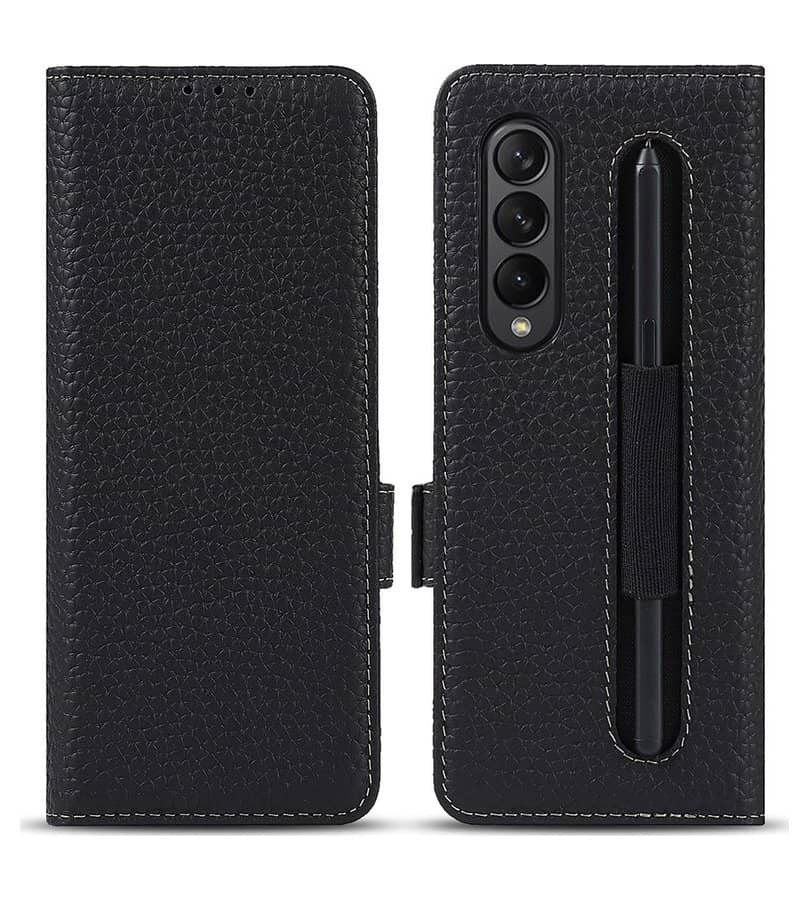 Кожен Калъф с S-Pen Поставка за Samsung Z Fold 3, GKK Leather Case, Черен (8)