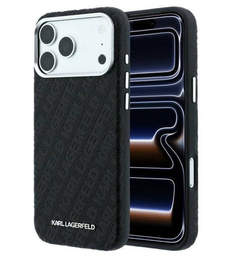 Magsafe Kалъф за iPhone 18 Pro/ 17 Pro, Karl Lagerfeld Grained Leather Metal Logo Case, Черен