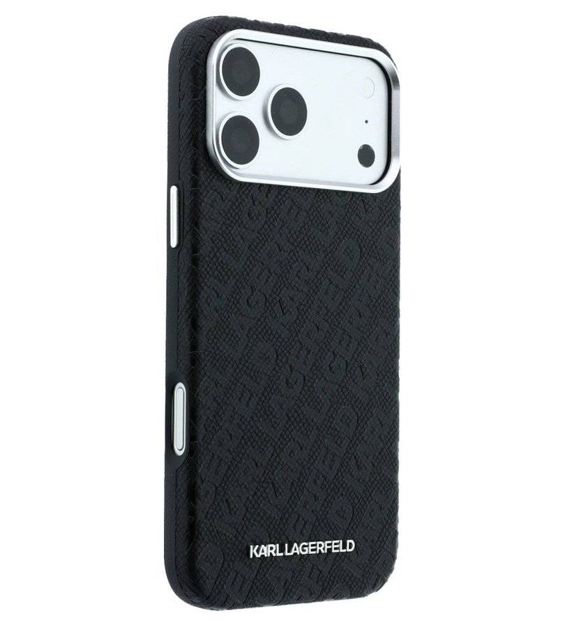 Magsafe Kалъф за iPhone 18 Pro/ 17 Pro, Karl Lagerfeld Grained Leather Metal Logo Case, Черен (4)