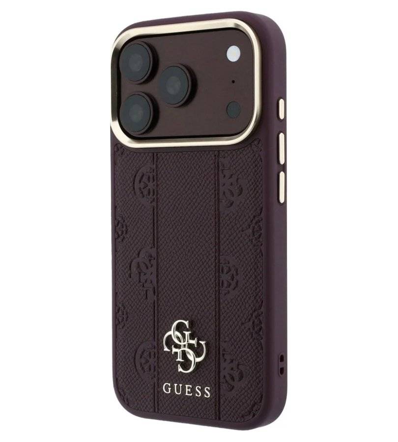 Magsafe Калъф за iPhone 18 Pro/ 17 Pro, Guess Leather Stripe Peony 4G Case, Бордо (2)