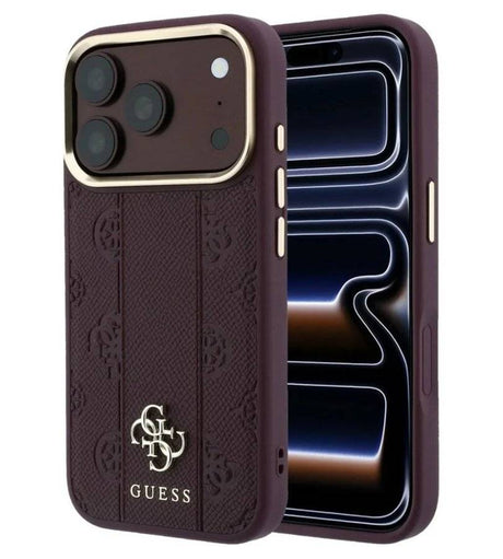 Magsafe Калъф за iPhone 18 Pro/ 17 Pro, Guess Leather Stripe Peony 4G Case, Бордо