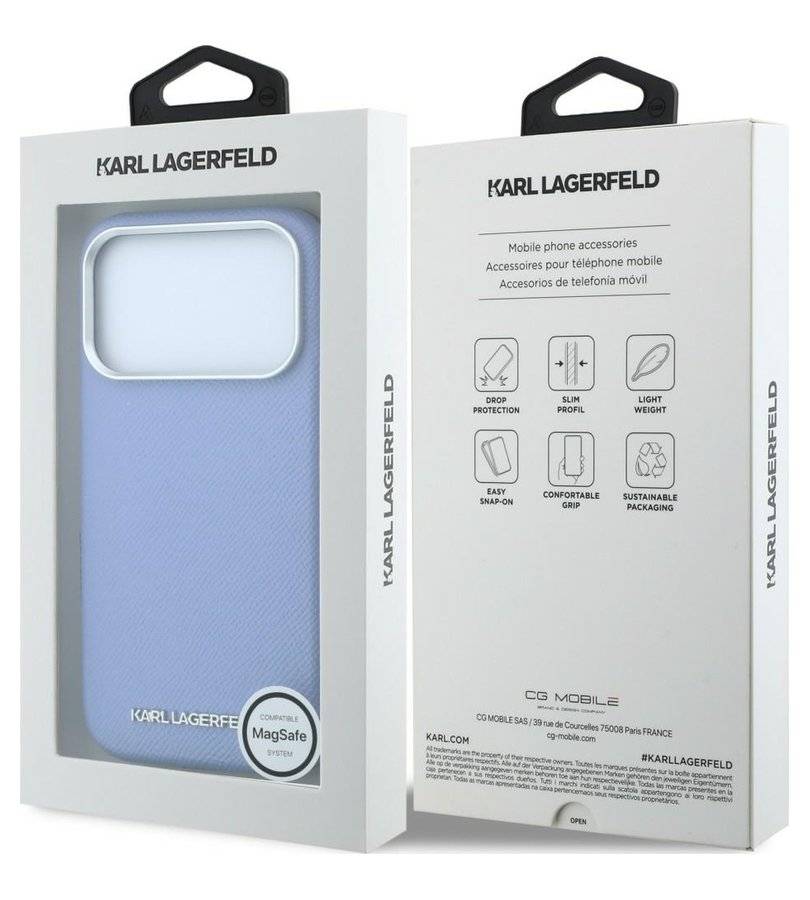Magsafe калъф за iPhone 18 Pro / iPhone 17 Pro, Karl Lagerfeld Hardcase Grained Leather Elongated Logo, Син (7)