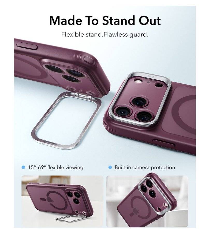 Magsafe Калъф за iPhone 18 Pro/ 17 Pro, ESR Classic Hybrid Kickstand Frosted Mag Case, Бордо (3)
